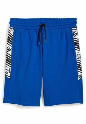 Pantaloni sportivi blu con cintura elastica e cordino nero. Presentano lati bianchi con un motivo geometrico nero e tasche.