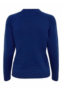 Pull en maille bleu foncé à manches longues avec col rond vu de dos, présentant un tissu uni texturé et une coupe ajustée.