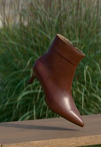 Braune Leder-Ankle Boots mit spitz zulaufender Zehenpartie und niedrigem Absatz, die auf einer Holzoberfläche ruhen, vor einem Hintergrund aus hohem grünen Gras.