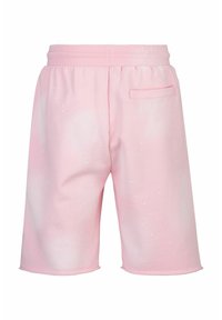 Roze katoenen sweatshorts met een relaxte pasvorm, elastische tailleband en een enkele achterzak. Bevat een subtiel spetterpatroon.