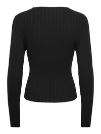 Pull noir en maille côtelée à manches longues avec taille cintrée, vu de dos sur fond blanc.