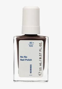 Piccola bottiglia rettangolare con smalto per unghie marrone scuro, tappo bianco e etichetta che recita "No No Nail Polish" con volume di 11 mL.