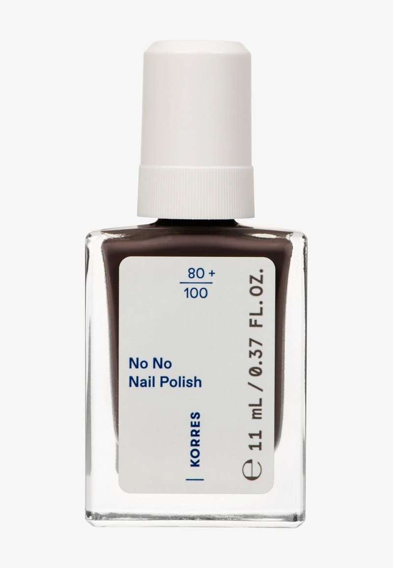 Piccola bottiglia rettangolare con smalto per unghie marrone scuro, tappo bianco e etichetta che recita "No No Nail Polish" con volume di 11 mL.