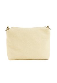 Beige, textiel zakje met een ritssluiting en metalen hardware; rechthoekige vorm met afgeronde hoeken.