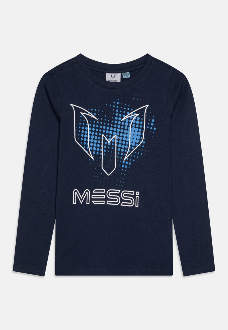 Majica dugih rukava u tamnoplavoj boji, izrađena od pamuka, s grafikom u bijelim i plavim točkicama te apstraktnim dizajnom s natpisom "MESSi".