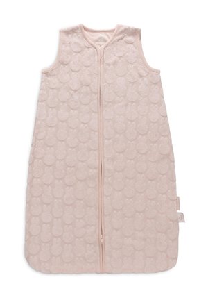 SACO DE DORMIR PINK avec un motif texturé de lapins, disposant d'une fermeture éclair à l'avant et d'un design sans manches. Fabriqué en tissu doux et confortable.