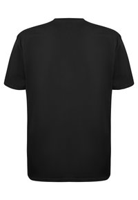 Svart kortermet T-skjorte med rund hals og en glatt, ustruktureret stoff, designet med en enkel, klassisk snitt.