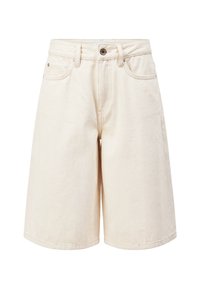 Short en denim couleur crème à taille haute, avec boutons à l'avant, passants pour ceinture et poches, présenté sur un fond blanc.