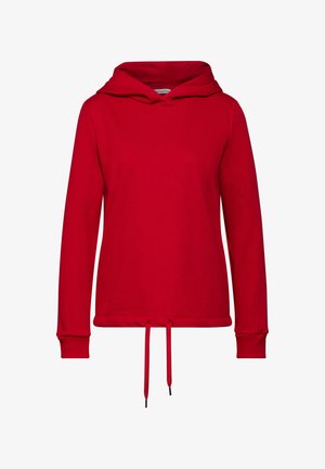 Rød hættetrøje lavet af blødt stof, med snører i hætten, lange ærmer og ribbede manchetter. Glat tekstur med en afslappet pasform.