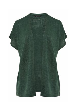 Green knitted cardigan featuring an open front, short sleeves, and a loose fit. Made of lightweight, textured material.