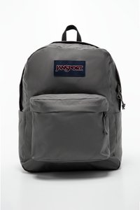 Sac à dos Jansport gris avec une poche avant, des bretelles réglables et une poignée de transport en haut. Fabriqué en tissu durable avec une texture lisse.