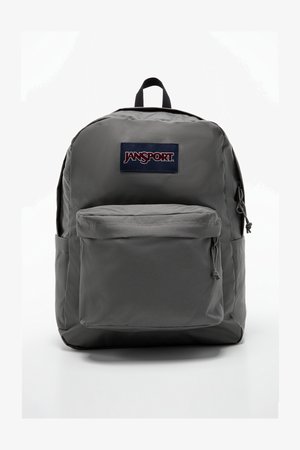 Γκρι σακίδιο Jansport με μπροστινή τσέπη, ρυθμιζόμενους ιμάντες και λαβή μεταφοράς στην κορυφή. Κατασκευασμένο από ανθεκτικό ύφασμα με λεία υφή.