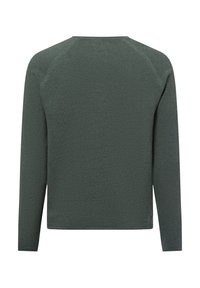 Donkergroene longsleeve shirt met een textuurafwerking. Beschikt over een ronde halslijn en raglanmouwen. Eenvoudig, onopgesmukt ontwerp zonder patronen.