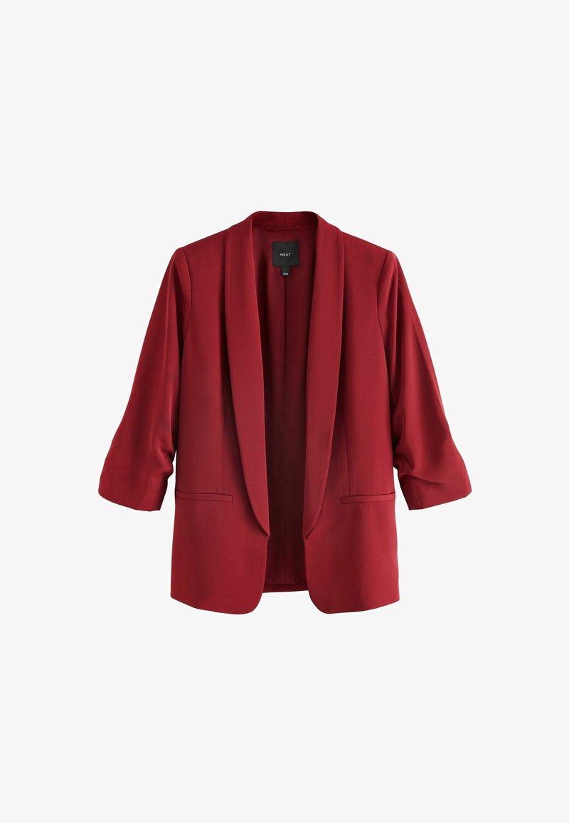 Red open-front blazer with shawl collar and three-quarter sleeves, featuring two front welt pockets.