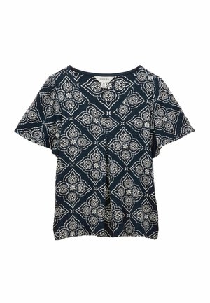 Marineblaue Bluse mit kurzen Ärmeln, weißem geometrischem Blumenmuster und rundem Ausschnitt.