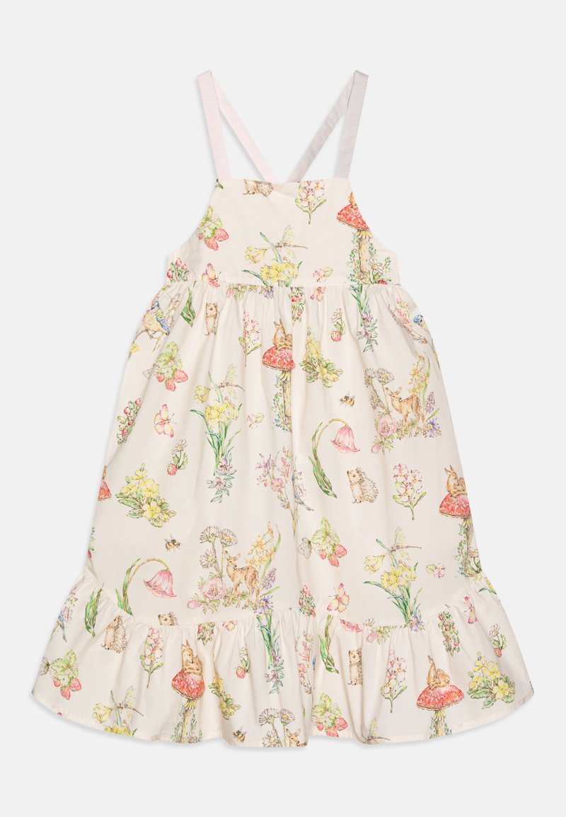 Gėlių raštais puošta kreminės spalvos suknelė su reguliuojamomis rožinėmis petnešomis, surinkta sijonu ir raukšlėtu apvadu. Dizainą papildo įvairūs augalai ir gyvūnai.