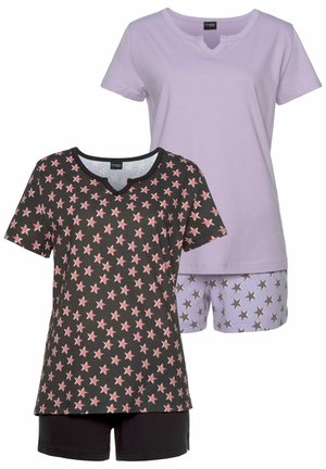 Two pajama sets: one lavender t-shirt with a V-neck; one black shirt with pink star pattern. Accompanied by lavender shorts featuring grey stars.