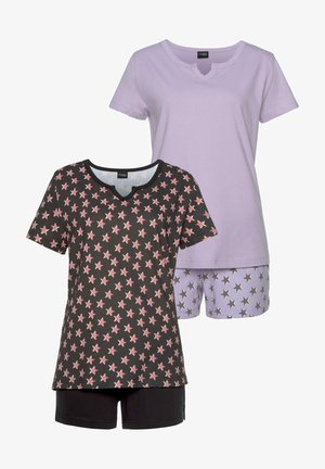 Two pajama sets: one lavender t-shirt with a V-neck; one black shirt with pink star pattern. Accompanied by lavender shorts featuring grey stars.