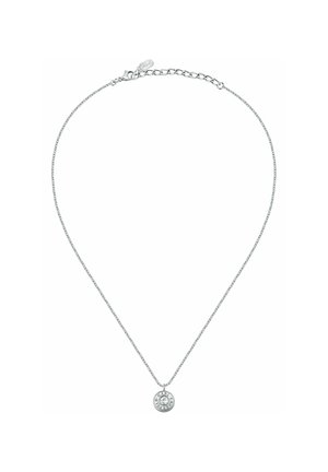 Delikat sølvkæde halskæde med rund vedhæng graveret "DKNY" og en klar central ædelsten, med justerbar lås og forlængerled.