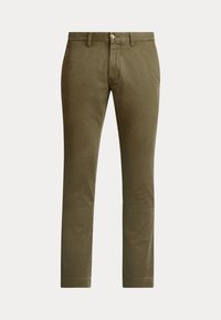 Pantalones de corte recto color verde oliva con cierre de botón y cremallera, trabillas y bolsillos laterales.