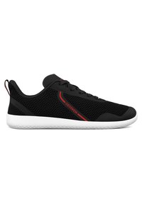 Black athletic shoe featuring a mesh upper, red accents, flat laces, and a white rubber sole with textured grip.