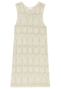 Pletené šaty bez rukávů s kulatým výstřihem. Mají světlou béžovou barvu a geometrický vzor s otevřenými a pevným sekcemi.