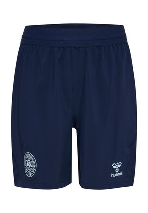 Granatowe spodenki sportowe z elastycznym paskiem w talii, z białym logo DBU na lewej nodze i logo pszczoły Hummel na prawej nodze.