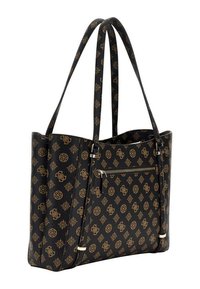 Sac fourre-tout noir avec une finition texturée, arborant un motif doré sur toute sa surface, doté de deux poignées, d'une fermeture à glissière en haut et d'une poche zippée à l'avant.
