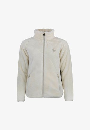 Veste en polaire couleur crème avec un col montant, fermeture éclair sur le devant et poches latérales. Présente un logo sur la poitrine gauche et une texture douce.