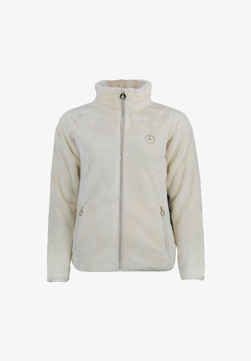 Cremfarbener Fleece-Jacke mit hohem Kragen, durchgehendem Reißverschluss und seitlichen Taschen. Verfügt über ein Logo auf der linken Brust und eine weiche Textur.