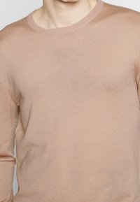 Pull en tricot marron clair avec un col rond, des manches longues et une texture douce et lisse. Design classique avec des détails subtils.