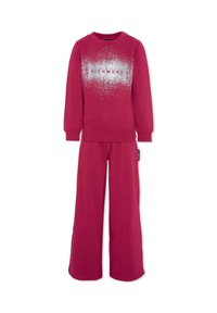 Set composto da felpa rossa e pantaloni a gamba larga, con un motivo a schizzo argentato e la scritta "RICHMOND" sul top. Realizzato in morbido tessuto di cotone.