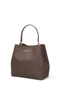 Borsa tote marrone Michael Kors in tela monogrammata con logo dorato, caratterizzata da due manici in pelle marrone e design strutturato.