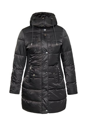 Sort puffjakke med en aftagelig hætte, lynlåslommer, quiltet design og trykknaplukning. Glat, blank overflade.
