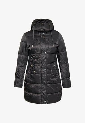 Sort puffjakke med en aftagelig hætte, lynlåslommer, quiltet design og trykknaplukning. Glat, blank overflade.