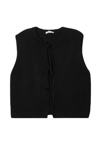 Gilet noir en tricot sans manches, avec un col rond et des liens à l'avant. Texture lisse et détails côtelés à l'ourlet.