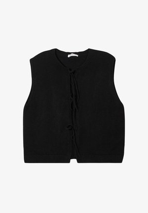 Schwarze gestrickte Weste ohne Ärmel, mit rundem Ausschnitt und vorderen Bindebändern. Glatte Textur und gerippte Saumdetails.