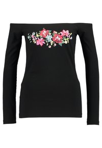 Schwarzes Oberteil mit schulterfreiem Schnitt und langen Ärmeln, verziert mit bestickten rosa, roten, blauen und gelben Blumen auf der Brust.