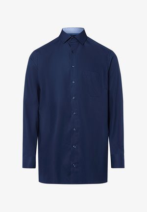 Chemise à manches longues bleu marine en tissu lisse avec des boutons sur le devant, un col et une poche poitrine. Détail en contraste à l'intérieur du col.