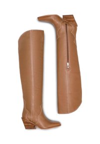 Knee-high tan leather boots with a block heel, featuring decorative stitching, a zip closure, and a scalloped design along the shaft.