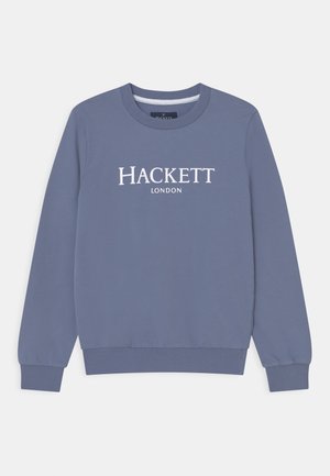 Blå crewneck-sweatshirt med lange ærmer og "HACKETT LONDON" trykt i hvidt på brystet.