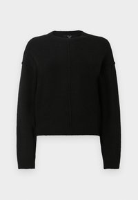 Maglione cropped nero con maniche lunghe, collo rotondo e tessuto testurizzato. Presenta una cucitura centrale e polsini e orlo a costine.