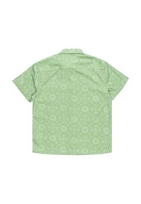 Korte mouw shirt van lichtgroene stof met een symmetrisch wit patroon, met kraagontwerp en een rechte snit aan de onderkant.
