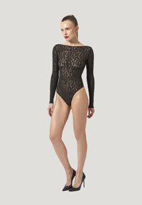 Sort langærmet bodysuit med leopardmønster, strækbart blondermateriale, højskåret design og en rund halsudskæring.