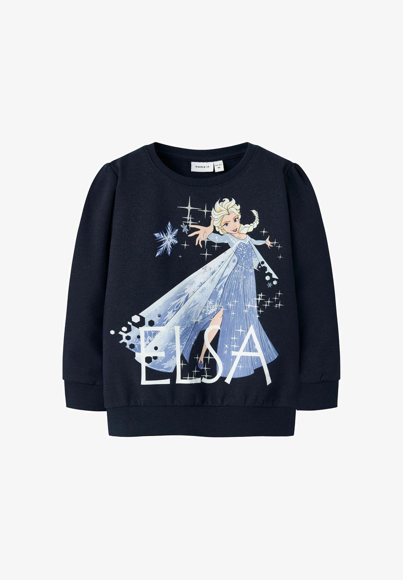 Felpa blu navy con Elsa di Frozen che indossa un abito blu scintillante e sta lanciando magia di ghiaccio, con il testo "ELSA" sotto di lei.