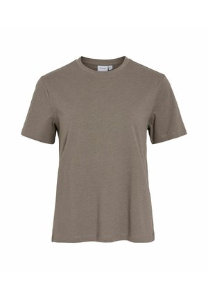 Effen T-shirt met korte mouwen en ronde hals in gedempt olijfgroen, weergegeven tegen een witte achtergrond.