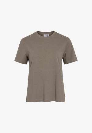 Effen T-shirt met korte mouwen en ronde hals in gedempt olijfgroen, weergegeven tegen een witte achtergrond.