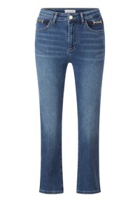 Jeans en denim bleu à coupe droite, dotés de deux poches avant et de détails en métal. Le tissu a un délavage léger et une texture légère.