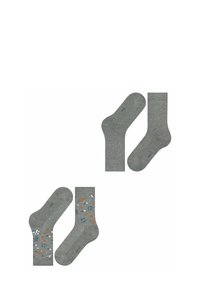 Graue Socken mit gerippter Textur und kontrastierenden, gemusterten Akzenten in blauen, orangen und weißen Blumenmustern.