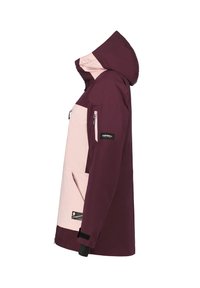 Maroon and pink waterproof jacket with a hood, zippered pockets, velcro cuffs, and a prominent logo patch on the sleeve.